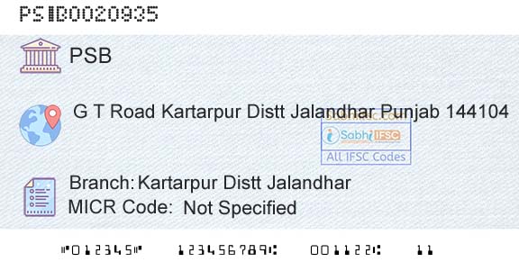 Punjab And Sind Bank Kartarpur Distt JalandharBranch 