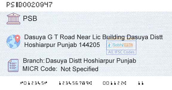 Punjab And Sind Bank Dasuya Distt Hoshiarpur PunjabBranch 