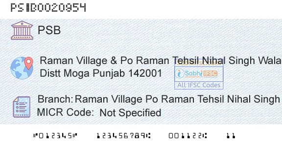 Punjab And Sind Bank Raman Village Po Raman Tehsil Nihal Singh WalaBranch 