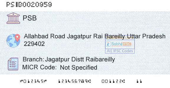 Punjab And Sind Bank Jagatpur Distt RaibareillyBranch 