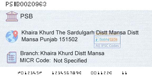 Punjab And Sind Bank Khaira Khurd Distt MansaBranch 