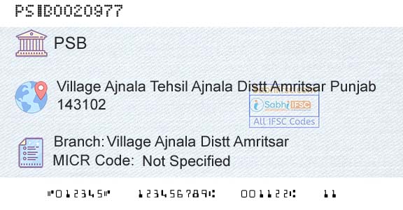 Punjab And Sind Bank Village Ajnala Distt AmritsarBranch 