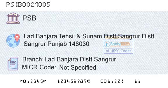 Punjab And Sind Bank Lad Banjara Distt SangrurBranch 