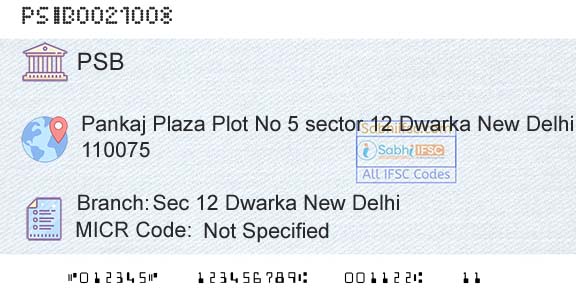 Punjab And Sind Bank Sec 12 Dwarka New DelhiBranch 