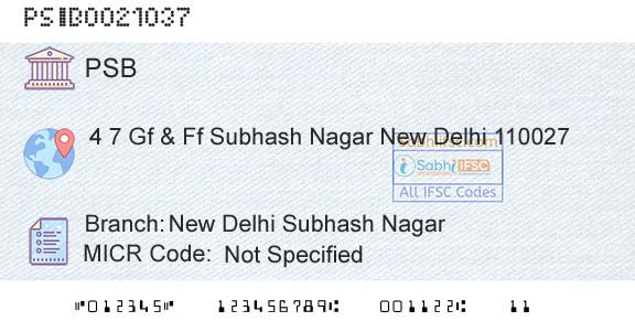 Punjab And Sind Bank New Delhi Subhash NagarBranch 