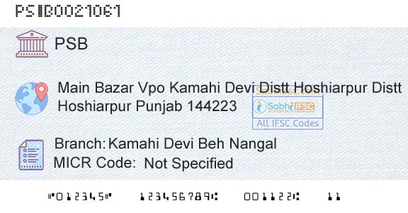 Punjab And Sind Bank Kamahi Devi Beh Nangal Branch 