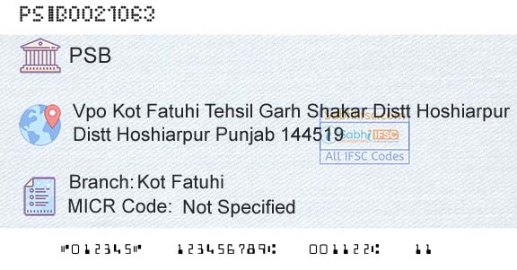 Punjab And Sind Bank Kot FatuhiBranch 