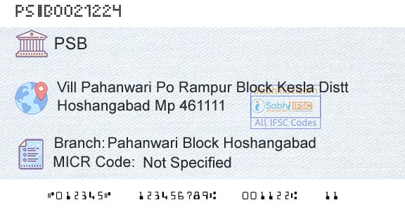 Punjab And Sind Bank Pahanwari Block HoshangabadBranch 