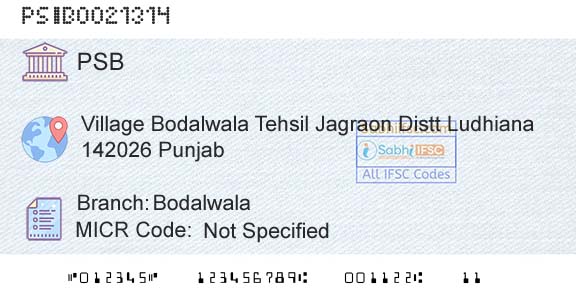 Punjab And Sind Bank BodalwalaBranch 