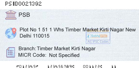Punjab And Sind Bank Timber Market Kirti NagarBranch 
