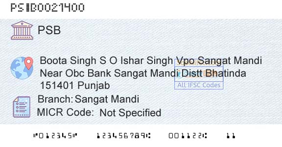 Punjab And Sind Bank Sangat MandiBranch 