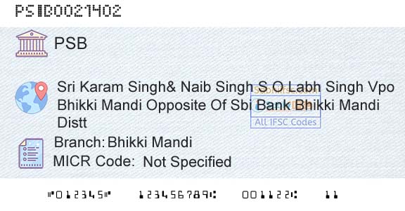 Punjab And Sind Bank Bhikki MandiBranch 