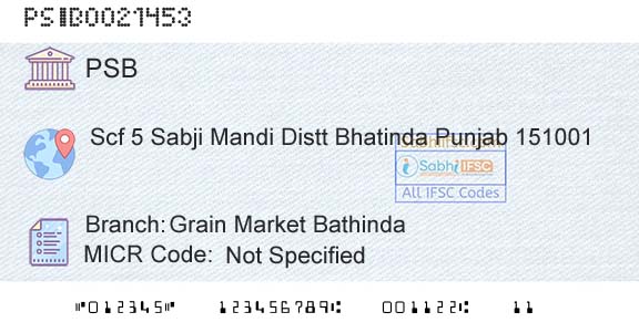 Punjab And Sind Bank Grain Market BathindaBranch 