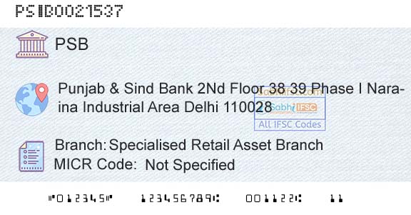 Punjab And Sind Bank Specialised Retail Asset BranchBranch 