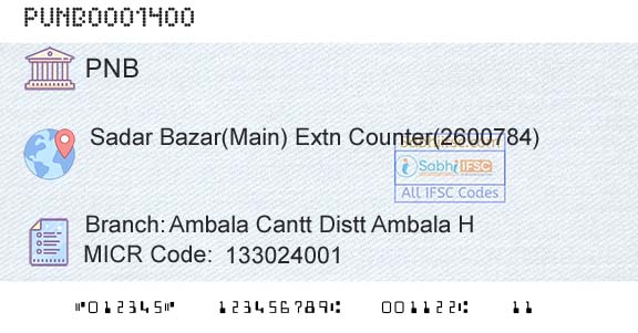 Punjab National Bank Ambala Cantt Distt Ambala HBranch 