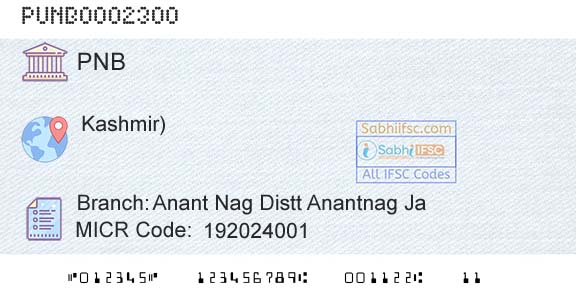 Punjab National Bank Anant Nag Distt Anantnag JaBranch 