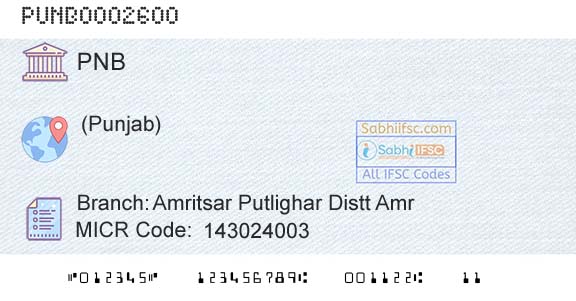 Punjab National Bank Amritsar Putlighar Distt AmrBranch 
