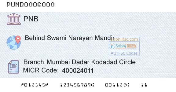 Punjab National Bank Mumbai Dadar Kodadad CircleBranch 