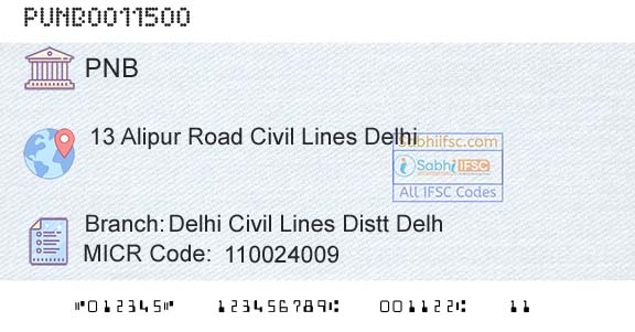 Punjab National Bank Delhi Civil Lines Distt DelhBranch 