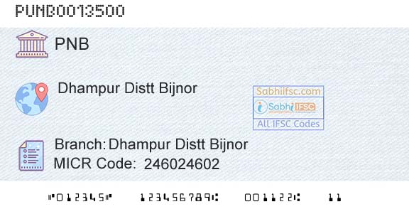 Punjab National Bank Dhampur Distt BijnorBranch 