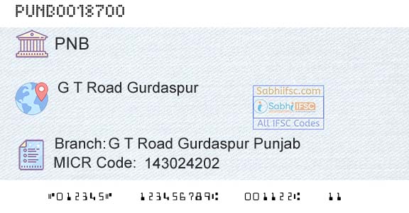 Punjab National Bank G T Road Gurdaspur Punjab Branch 