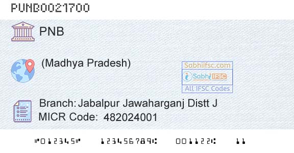 Punjab National Bank Jabalpur Jawaharganj Distt JBranch 