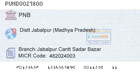 Punjab National Bank Jabalpur Cantt Sadar Bazar Branch 