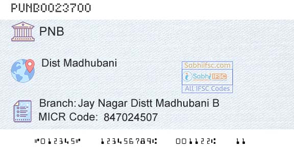 Punjab National Bank Jay Nagar Distt Madhubani BBranch 