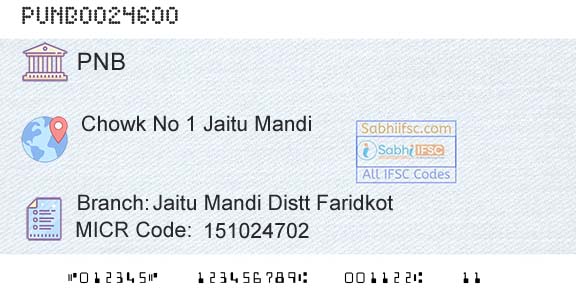 Punjab National Bank Jaitu Mandi Distt Faridkot Branch 