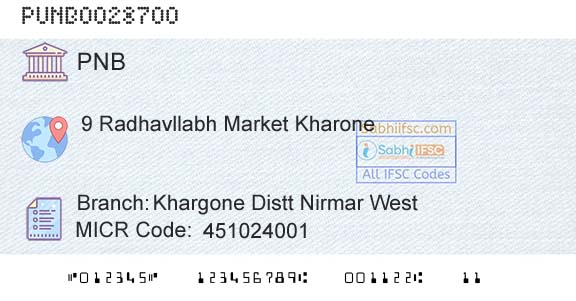 Punjab National Bank Khargone Distt Nirmar WestBranch 