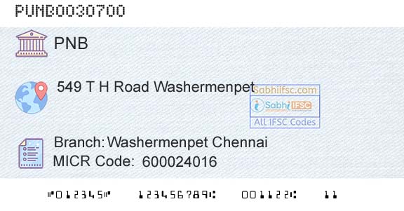 Punjab National Bank Washermenpet ChennaiBranch 