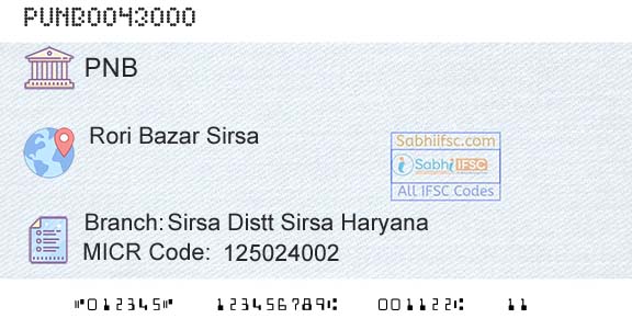 Punjab National Bank Sirsa Distt Sirsa Haryana Branch 