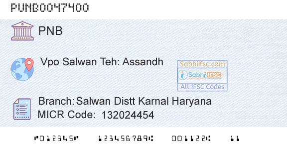Punjab National Bank Salwan Distt Karnal HaryanaBranch 