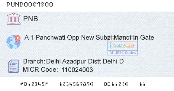 Punjab National Bank Delhi Azadpur Distt Delhi DBranch 