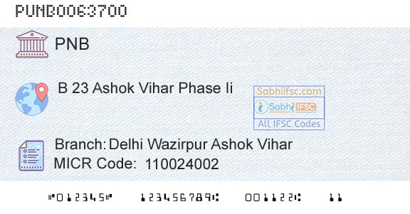 Punjab National Bank Delhi Wazirpur Ashok Vihar Branch 
