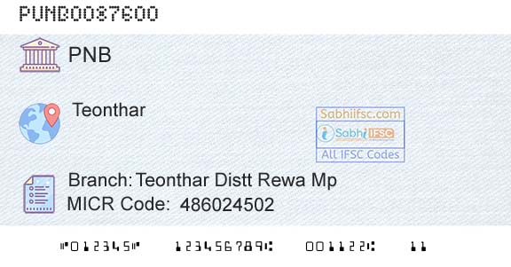Punjab National Bank Teonthar Distt Rewa Mp Branch 