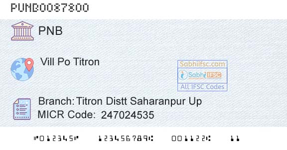 Punjab National Bank Titron Distt Saharanpur Up Branch 