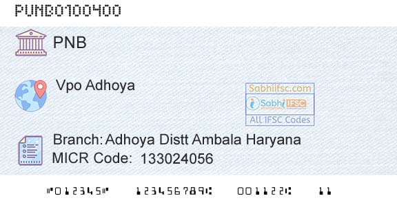 Punjab National Bank Adhoya Distt Ambala HaryanaBranch 