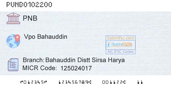 Punjab National Bank Bahauddin Distt Sirsa HaryaBranch 