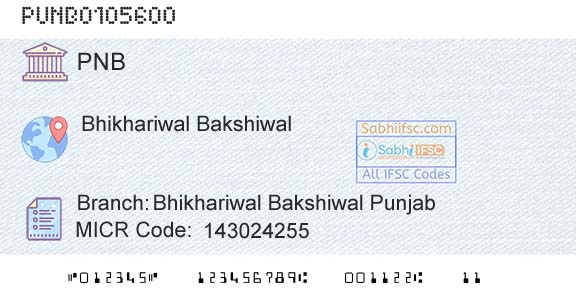 Punjab National Bank Bhikhariwal Bakshiwal Punjab Branch 