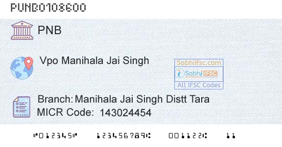 Punjab National Bank Manihala Jai Singh Distt TaraBranch 