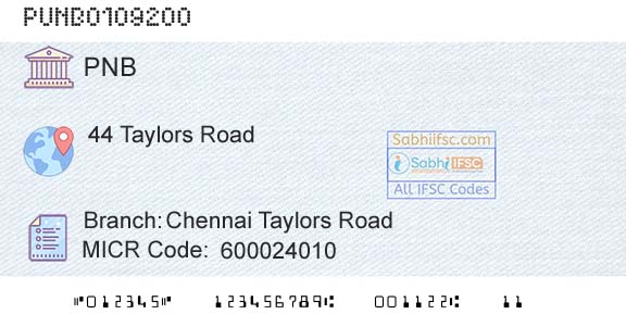 Punjab National Bank Chennai Taylors RoadBranch 