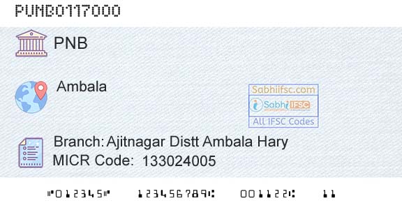 Punjab National Bank Ajitnagar Distt Ambala HaryBranch 