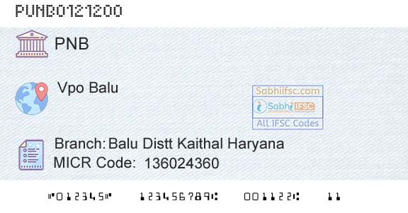 Punjab National Bank Balu Distt Kaithal Haryana Branch 