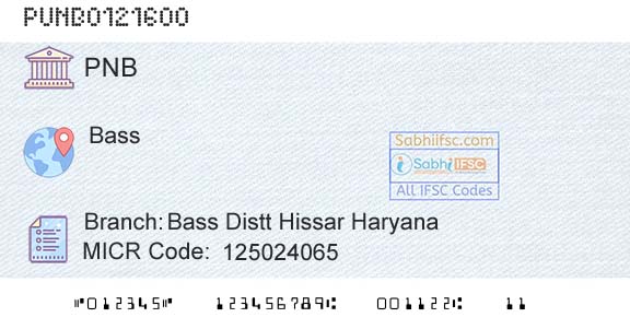 Punjab National Bank Bass Distt Hissar Haryana Branch 