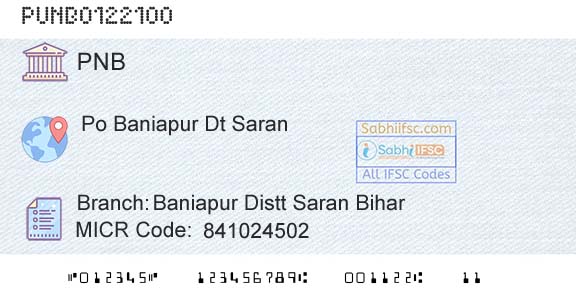 Punjab National Bank Baniapur Distt Saran Bihar Branch 