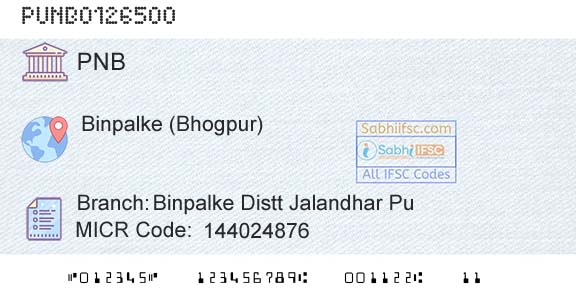 Punjab National Bank Binpalke Distt Jalandhar PuBranch 