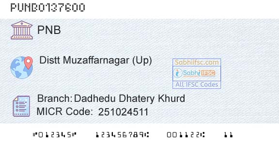 Punjab National Bank Dadhedu Dhatery Khurd Branch 