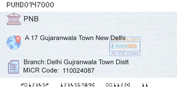 Punjab National Bank Delhi Gujranwala Town Distt Branch 