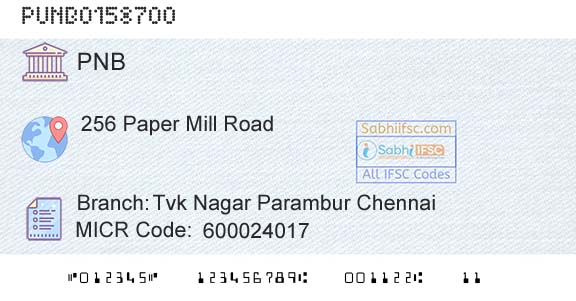 Punjab National Bank Tvk Nagar Parambur ChennaiBranch 